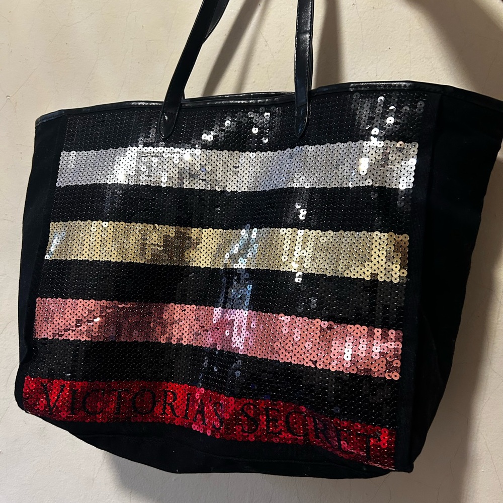 Victoria's Secret Black Tote with Sequin Stripes